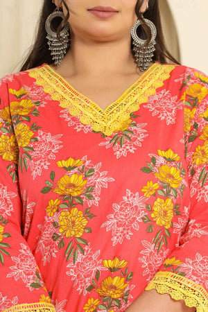 Pink Floral Printed Pure Cotton Kurti Pant Set