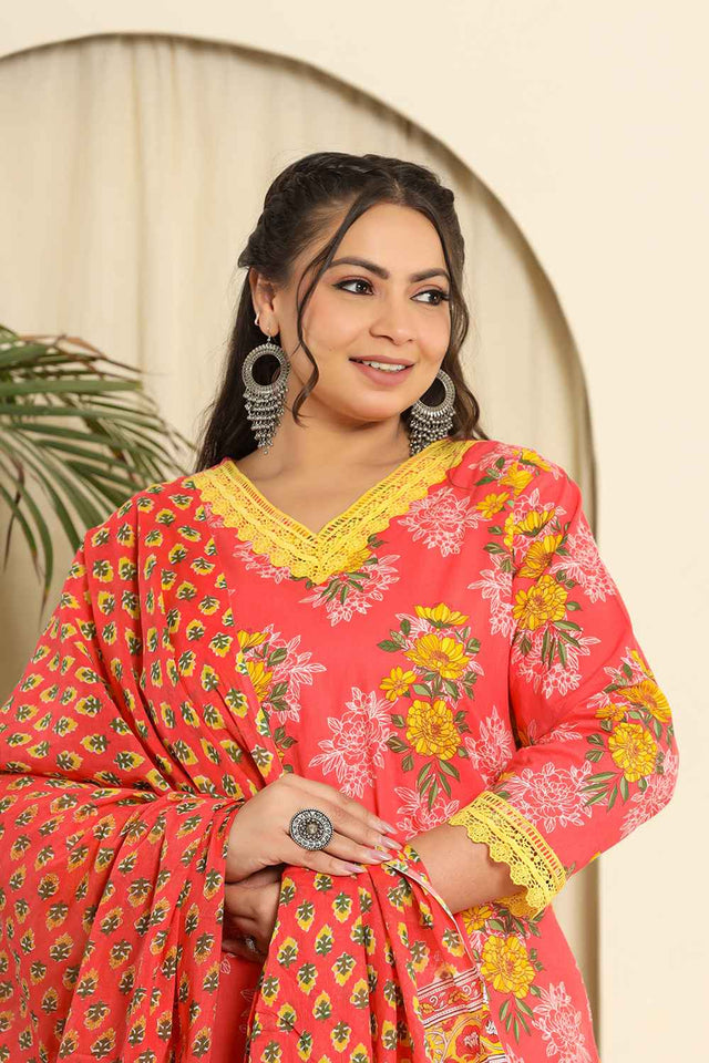 Pink Floral Printed Pure Cotton Kurti Pant Set