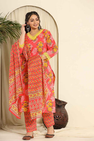Pink Floral Printed Pure Cotton Kurti Pant Set
