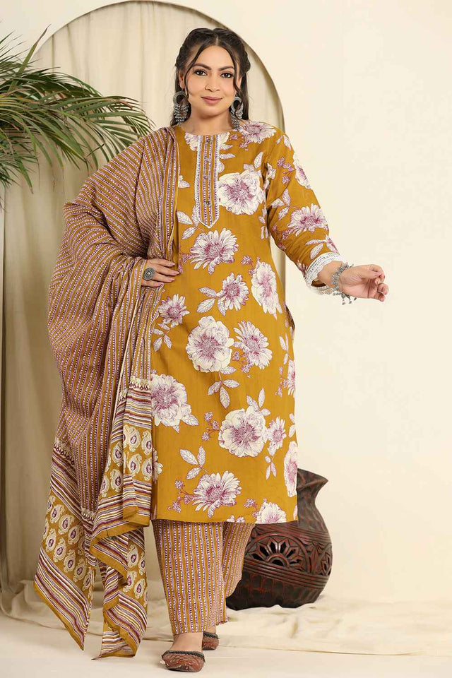 Mustard Floral Printed Pure Cotton Kurti Pant Set (6262PSKDMS)