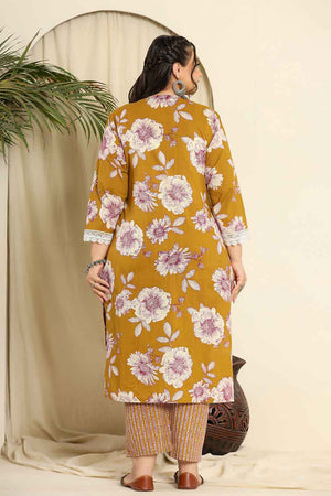 Mustard Floral Printed Pure Cotton Kurti Pant Set (6262PSKDMS)