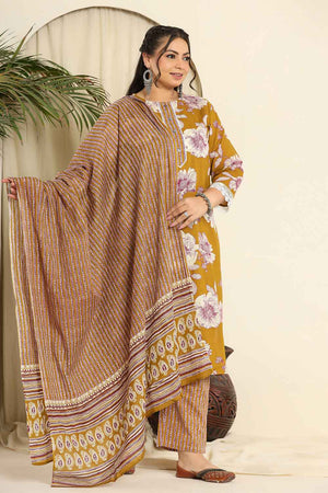 Mustard Floral Printed Pure Cotton Kurti Pant Set (6262PSKDMS)