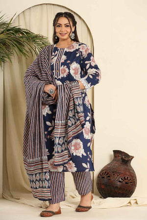 Blue Floral Printed Pure Cotton Kurti Pant Set