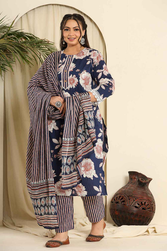 Blue Floral Printed Pure Cotton Kurti Pant Set
