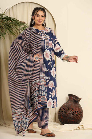 Blue Floral Printed Pure Cotton Kurti Pant Set