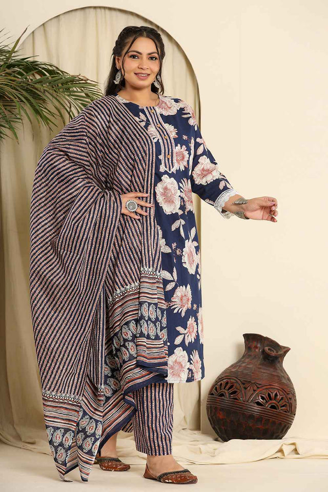 Blue Floral Printed Pure Cotton Kurti Pant Set
