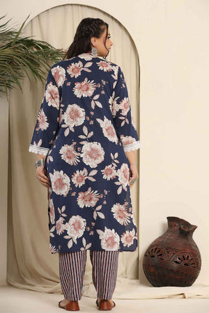 Blue Floral Printed Pure Cotton Kurti Pant Set
