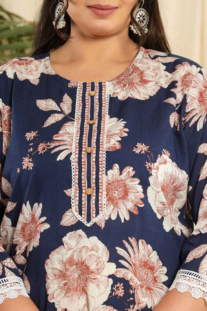 Blue Floral Printed Pure Cotton Kurti Pant Set