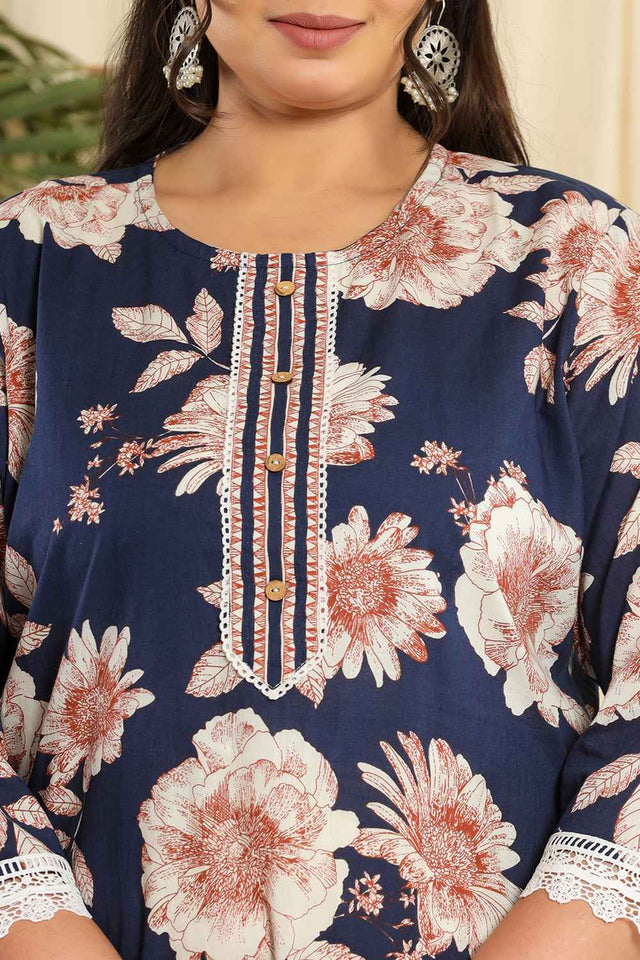 Blue Floral Printed Pure Cotton Kurti Pant Set