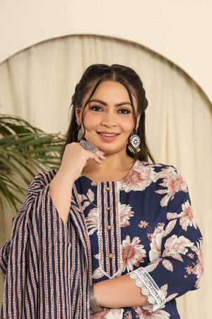 Blue Floral Printed Pure Cotton Kurti Pant Set