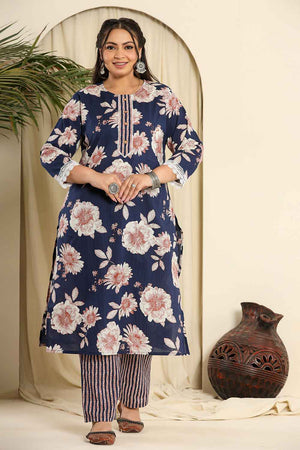 Blue Floral Printed Pure Cotton Kurti Pant Set