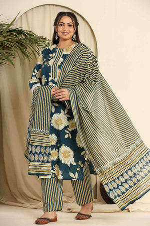 Turquoise Floral Printed Pure Cotton Kurti Pant Set