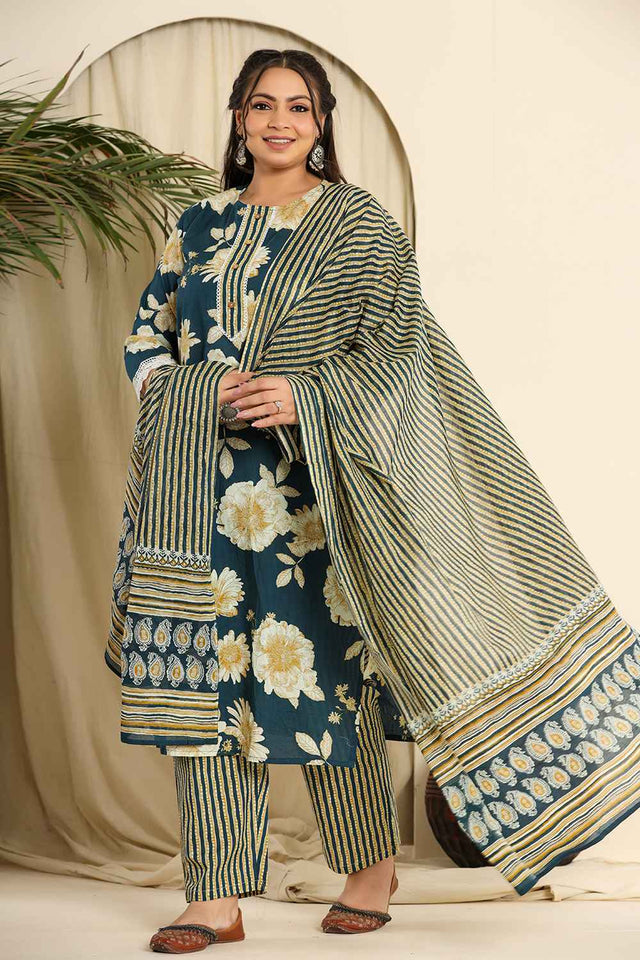 Turquoise Floral Printed Pure Cotton Kurti Pant Set