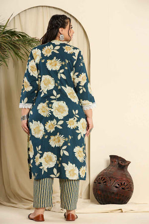 Turquoise Floral Printed Pure Cotton Kurti Pant Set