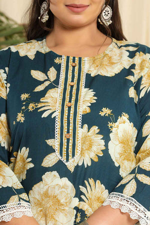 Turquoise Floral Printed Pure Cotton Kurti Pant Set
