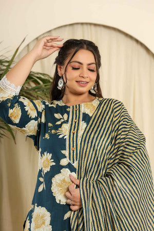 Turquoise Floral Printed Pure Cotton Kurti Pant Set