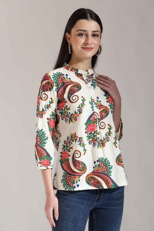 Beige Paisley Printed Pure Cotton Tops