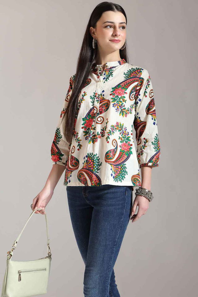 Beige Paisley Printed Pure Cotton Tops