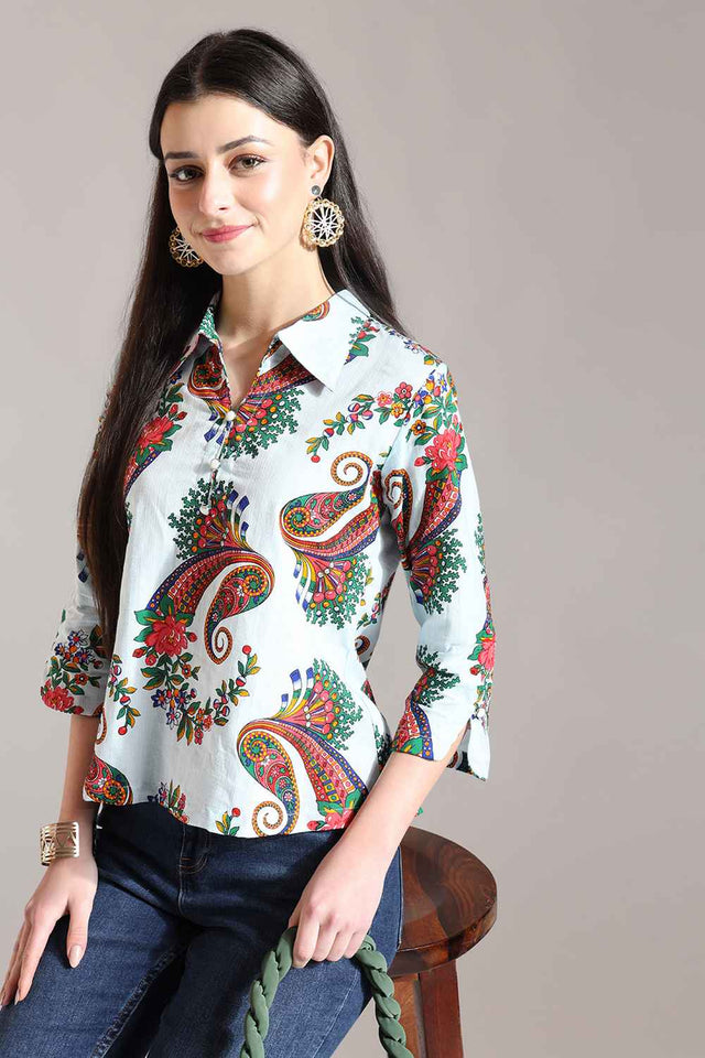 Blue Paisley Printed Pure Cotton Tops