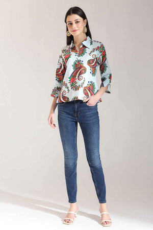 Blue Paisley Printed Pure Cotton Tops