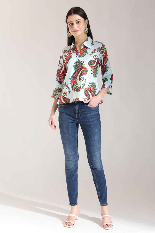 Blue Paisley Printed Pure Cotton Tops