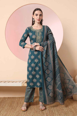 Green Floral Printed Cotton Kurti Pant Set