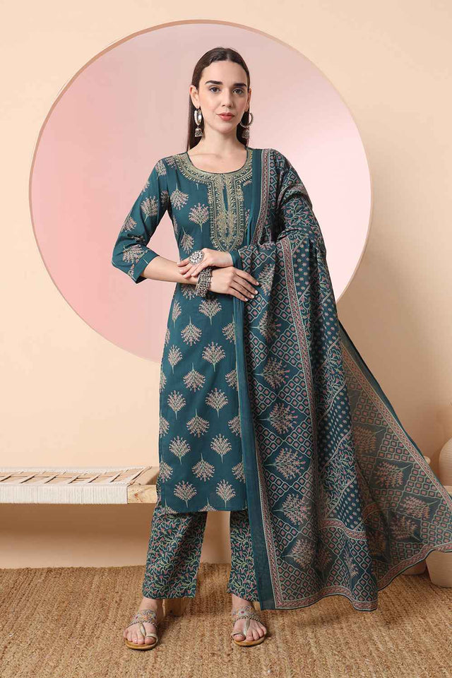 Green Floral Printed Cotton Kurti Pant Set