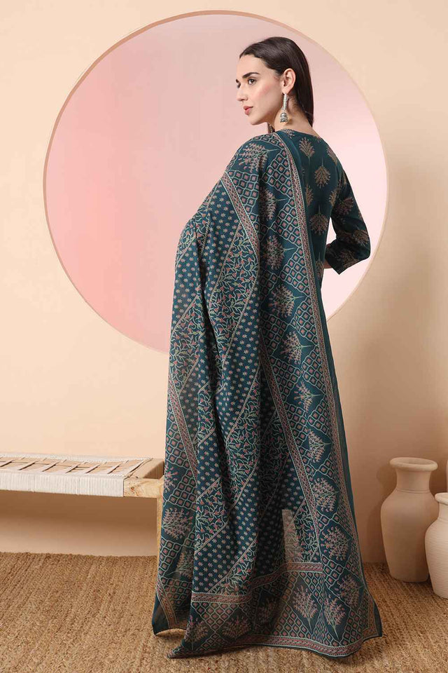 Green Floral Printed Cotton Kurti Pant Set