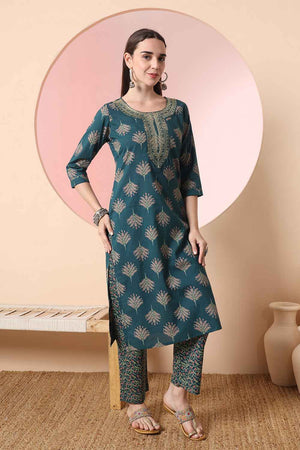 Green Floral Printed Cotton Kurti Pant Set