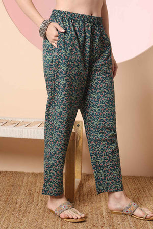 Green Floral Printed Cotton Kurti Pant Set