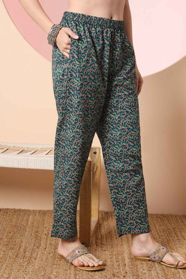 Green Floral Printed Cotton Kurti Pant Set