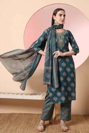 Green Floral Printed Cotton Kurti Pant Set