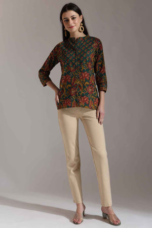 Green Floral Printed Pure Cotton Tops