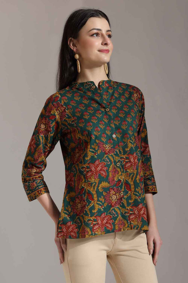 Green Floral Printed Pure Cotton Tops