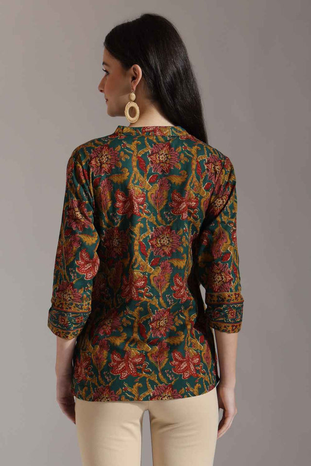 Green Floral Printed Pure Cotton Tops