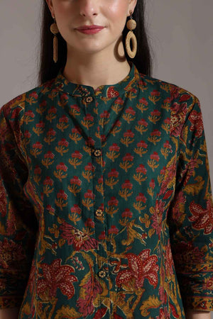 Green Floral Printed Pure Cotton Tops