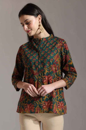 Green Floral Printed Pure Cotton Tops