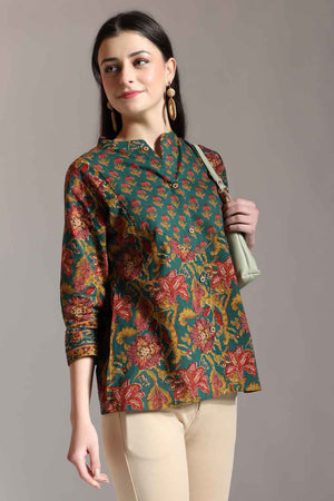 Green Floral Printed Pure Cotton Tops