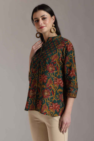 Green Floral Printed Pure Cotton Tops