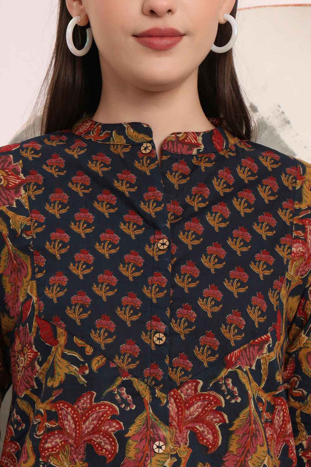 Blue Floral Printed Pure Cotton Tops