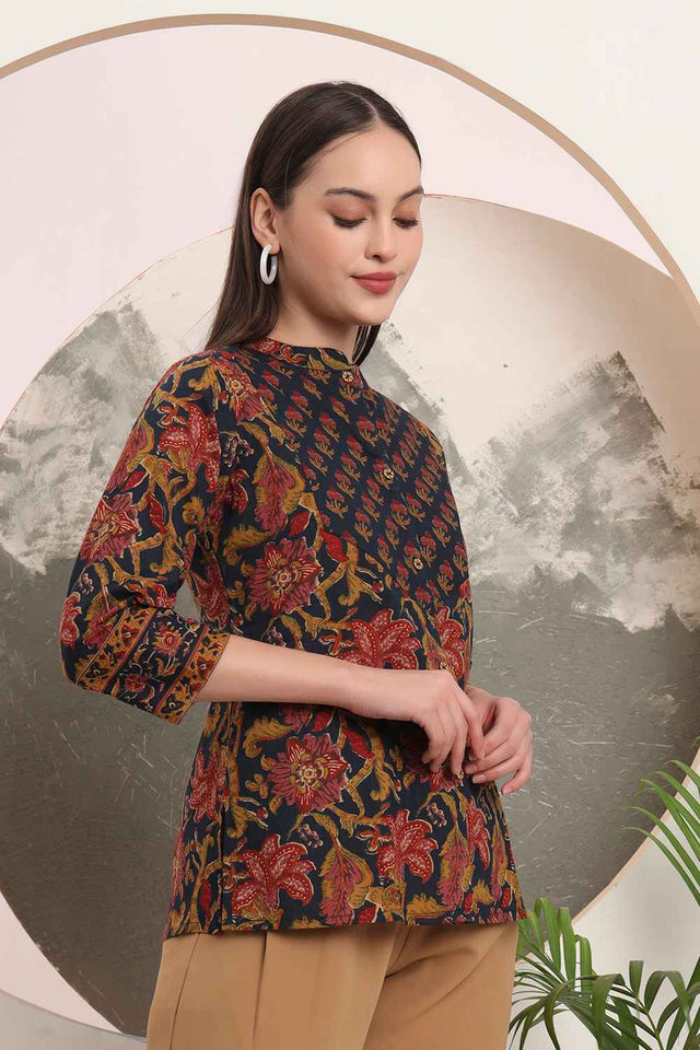 Blue Floral Printed Pure Cotton Tops