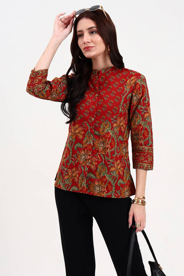 Red Floral Printed Cotton Tops & Tunics