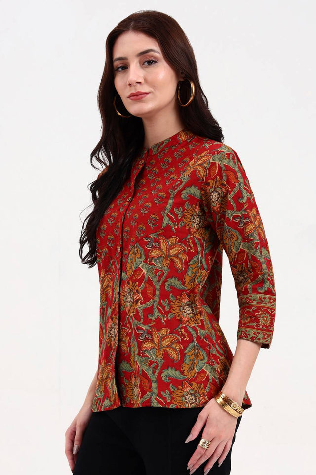 Red Floral Printed Cotton Tops & Tunics
