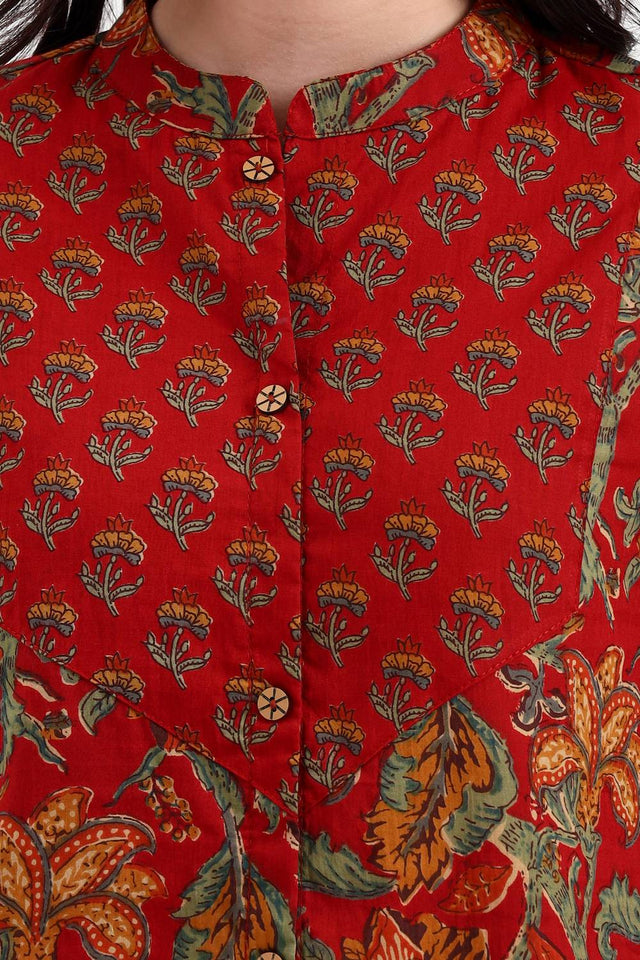 Red Floral Printed Cotton Tops & Tunics