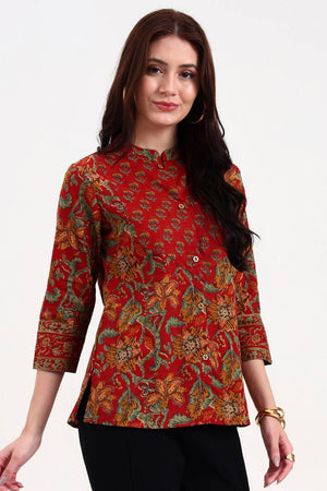 Red Floral Printed Cotton Tops & Tunics