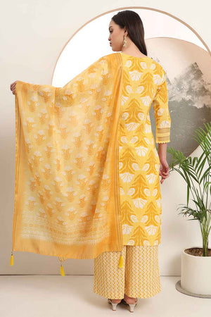 Yellow Floral Printed Cotton Kurti Palazzo Set