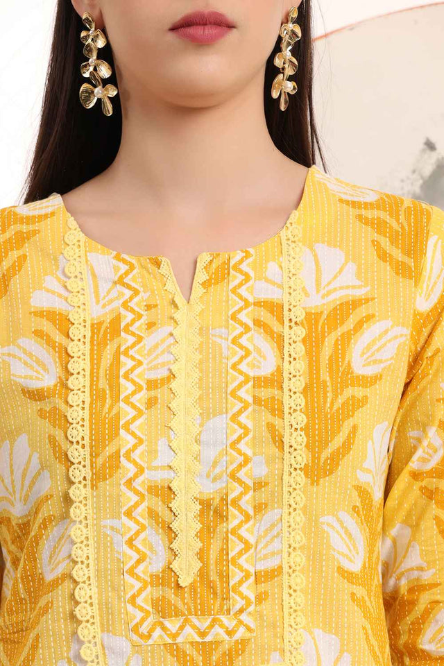 Yellow Floral Printed Cotton Kurti Palazzo Set