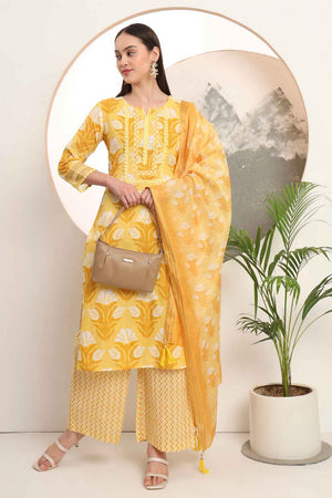 Yellow Floral Printed Cotton Kurti Palazzo Set