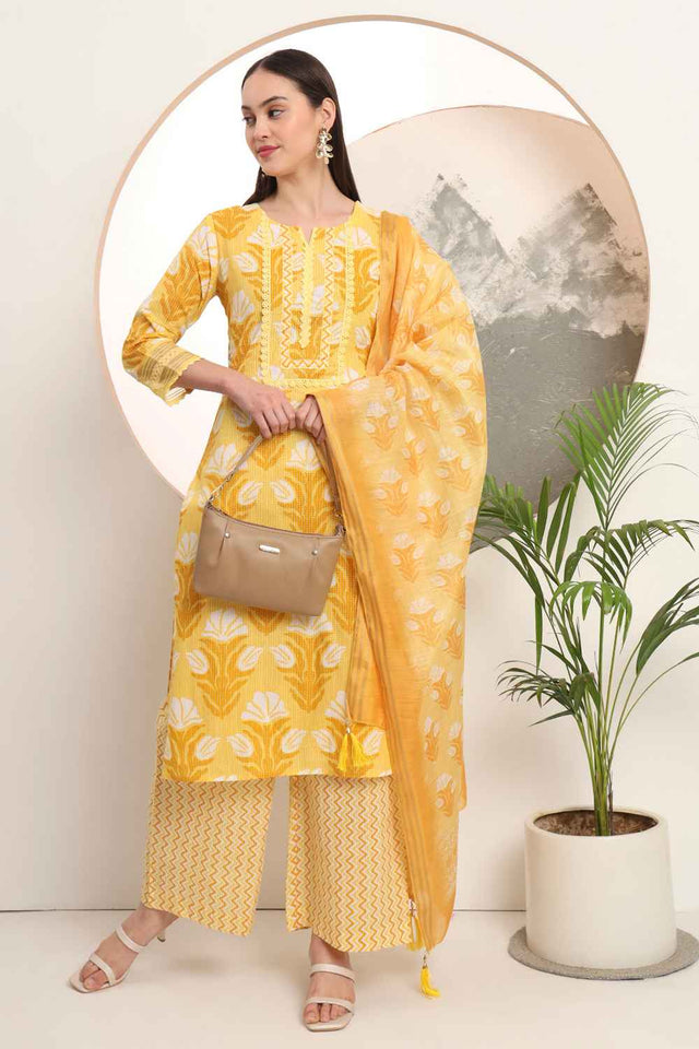 Yellow Floral Printed Cotton Kurti Palazzo Set