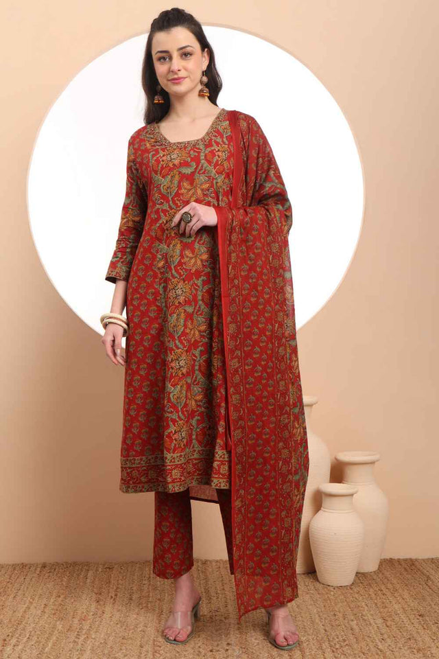Red Floral Printed Cotton Kurti Pant Set